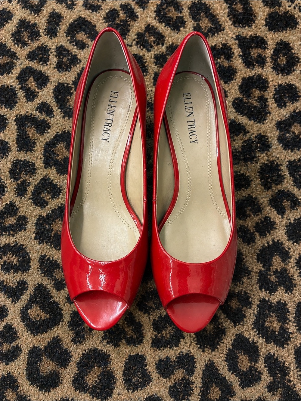 Ellen Tracy Red Patent Peep-Toe Pumps with Sleek Silhouette
